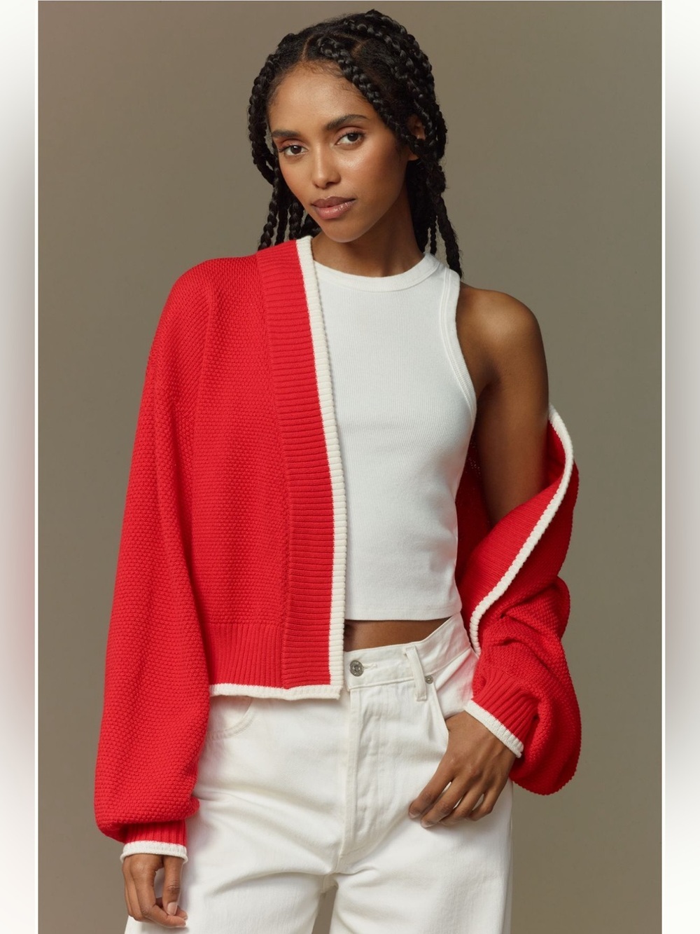 Anthropologie NWT The Livvy Waffle Knit Cardigan Sweater Colorblock Trim Red